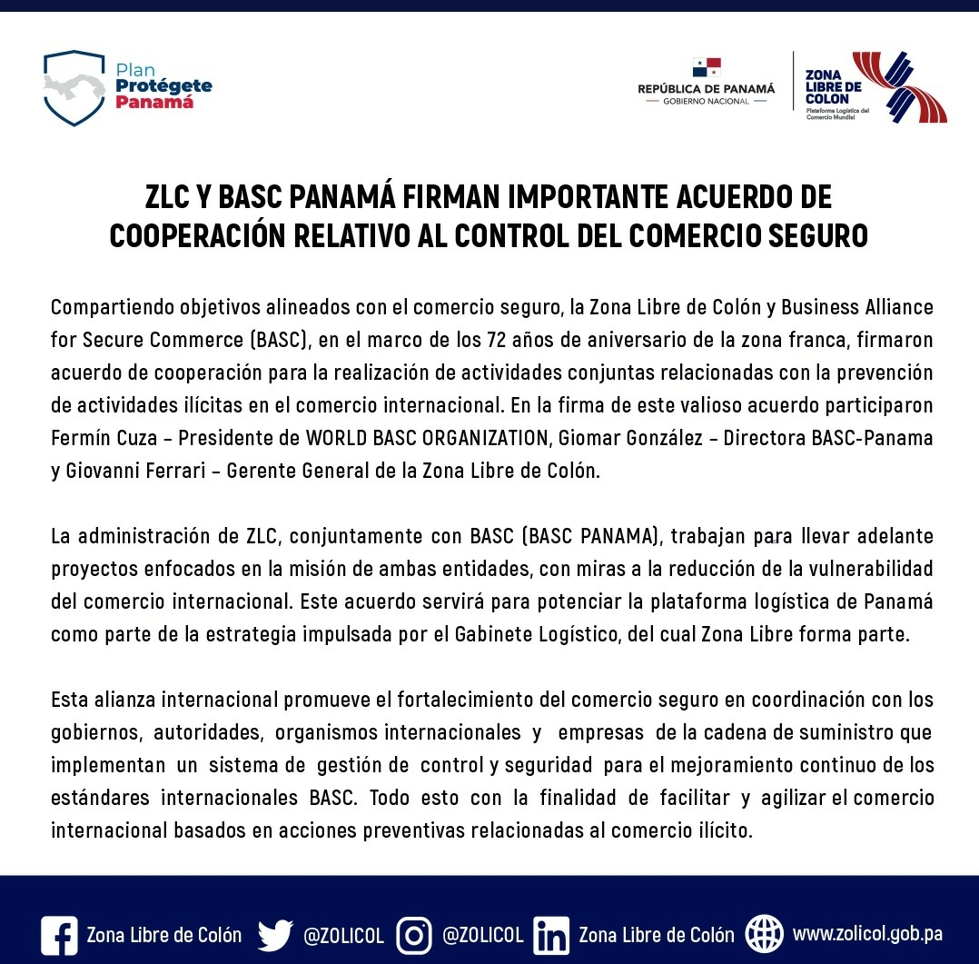 Firma de acuerdo entre Zona Libre de Colon y BASC Panama